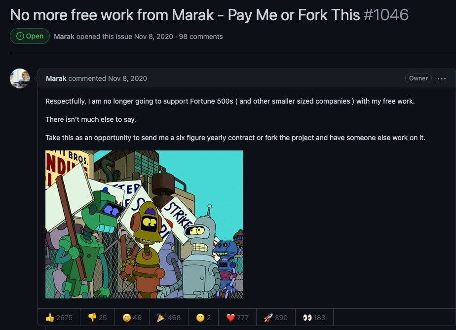 Marak maintainer on GitHub stating that they will not be maintaining the open source package for free.